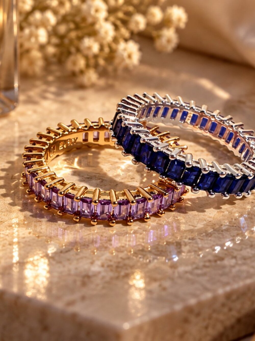 EVRY Jewels Baguette Cut Eternity Band Ring Set | Purple Gold & Sapphire Silver